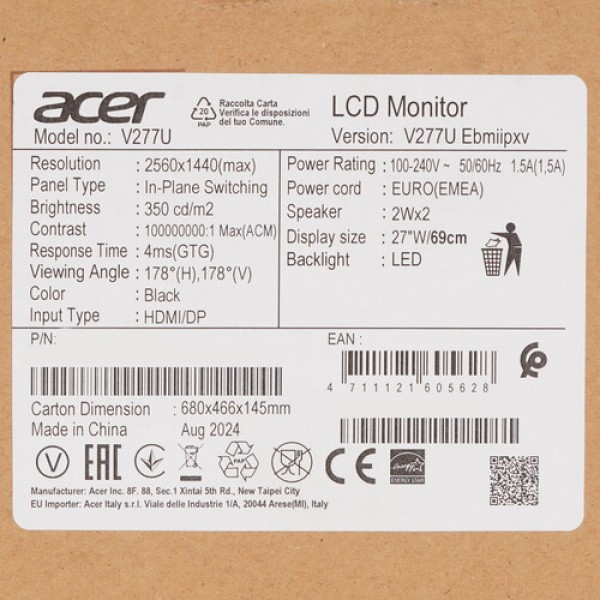 27" Монитор Acer Vero V277UEbmiipxv черный