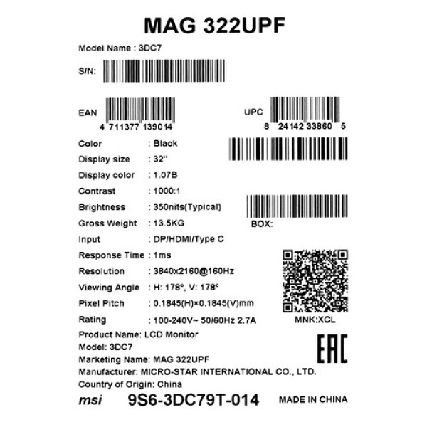 31.5" Монитор MSI MAG 322UPF черный