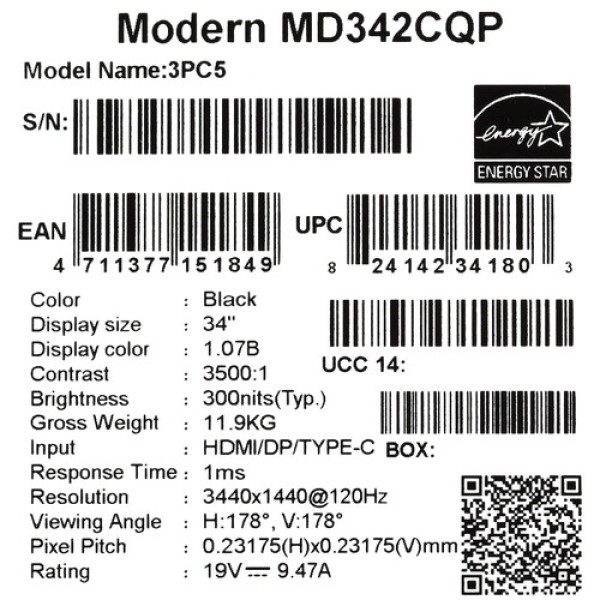 34" Монитор MSI Modern MD342CQP черный