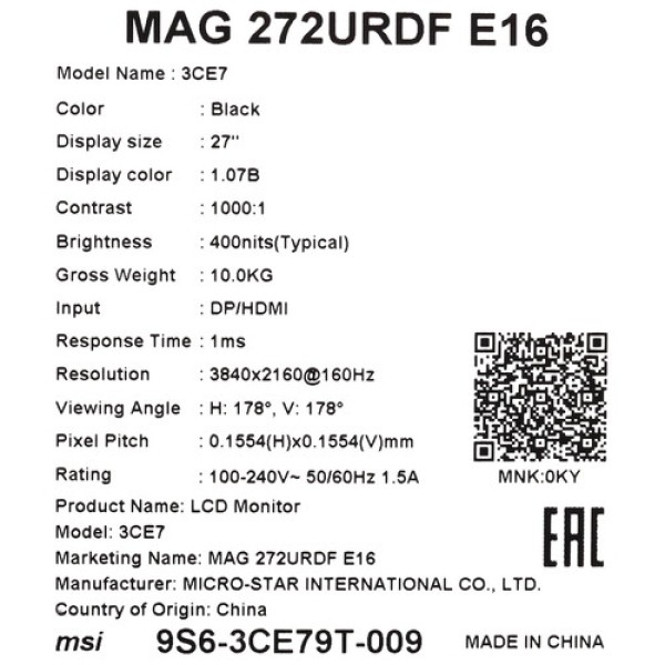 27" Монитор MSI MAG 272URDF E16 черный