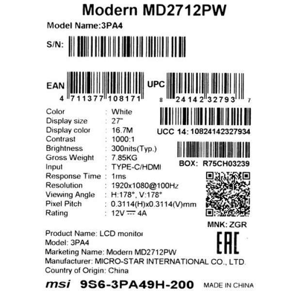 27" Монитор MSI Modern MD2712PW белый