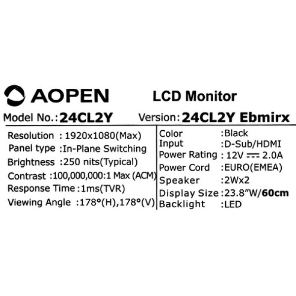 23.8" Монитор AOpen 24CL2YEbmirx черный