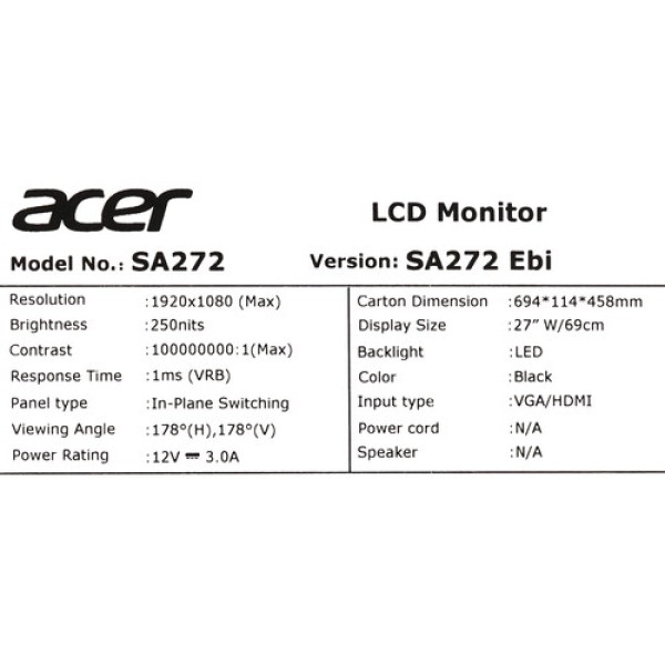 27" Монитор Acer SA272Ebi черный