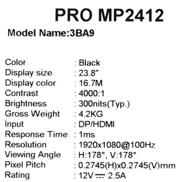 23.8" Монитор MSI PRO MP2412 черный