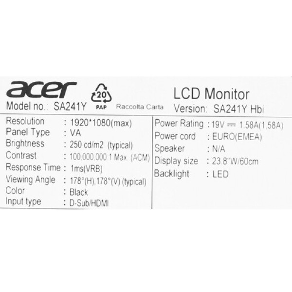 23.8" Монитор Acer SA241YHbi черный