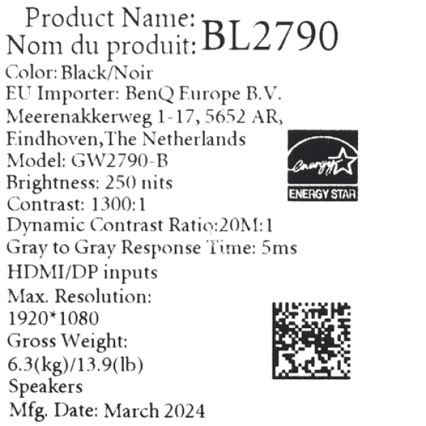 27" Монитор BenQ BL2790 черный