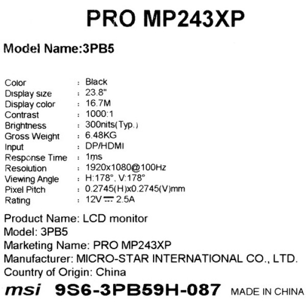 23.8" Монитор MSI PRO MP243XP черный