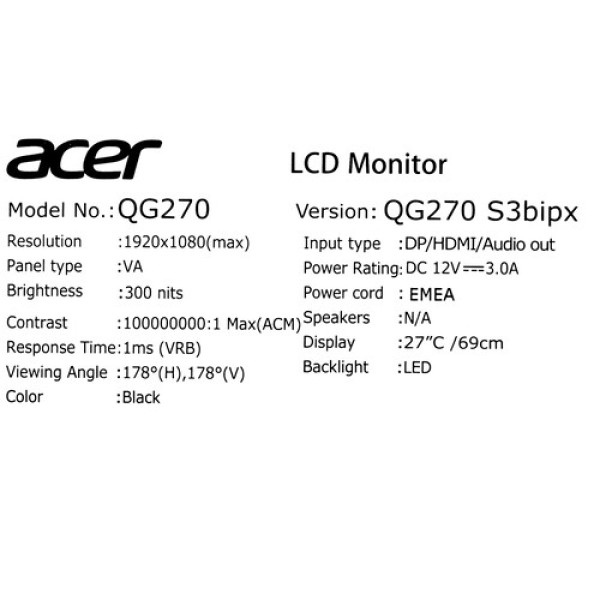 27" Монитор Acer Nitro QG270S3bipx черный