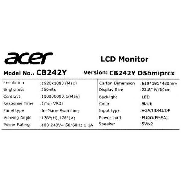 23.8" Монитор Acer CB242YD5bmiprcx черный