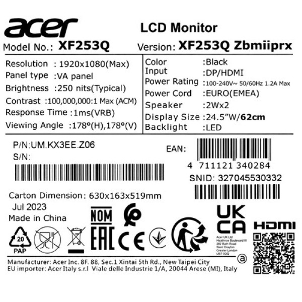 24.5" Монитор Acer Nitro XF253QZbmiiprx черный
