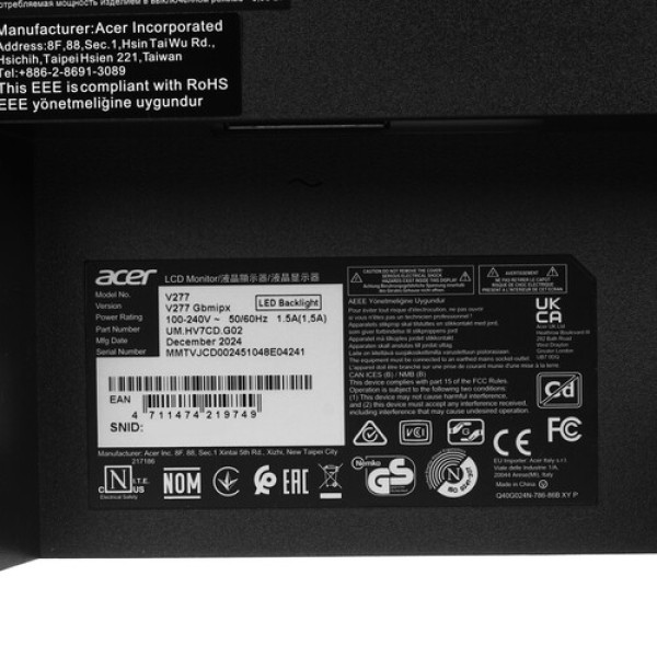 27" Монитор Acer V277Gbmipx черный