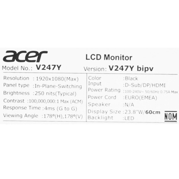 23.8" Монитор Acer Vero V247Ybipv черный