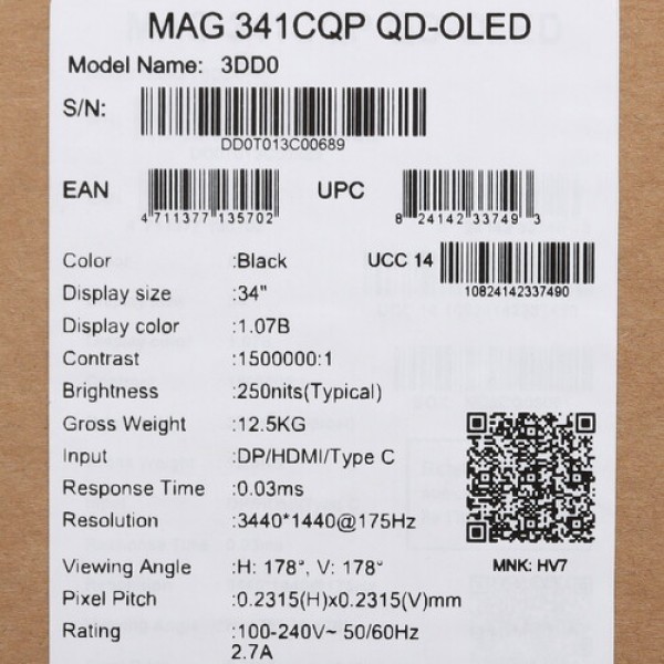 34" Монитор MSI MAG 341CQP QD-OLED черный