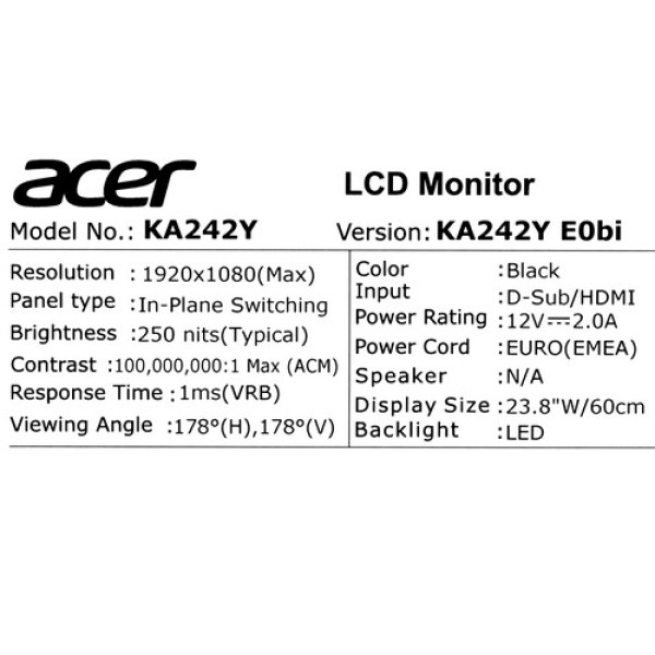 23.8" Монитор Acer KA242YE0bi черный