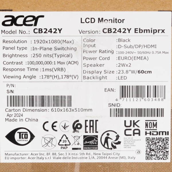 23.8" Монитор Acer CB242YEbmiprx черный