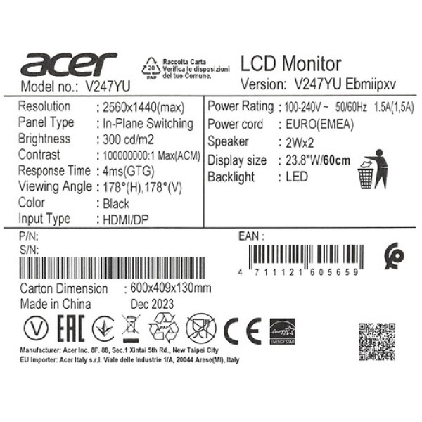 23.8" Монитор Acer Vero V247YUEbmiipxv черный