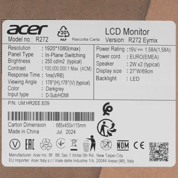 27" Монитор Acer R272Eymix серый