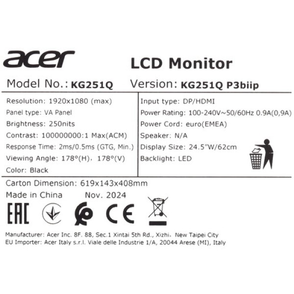 24.5" Монитор Acer Nitro KG251QP3biip черный
