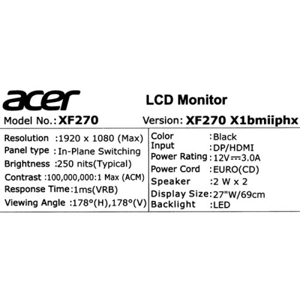 27" Монитор Acer Nitro XF270X1bmiiphx черный