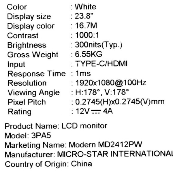 23.8" Монитор MSI Modern MD2412PW белый