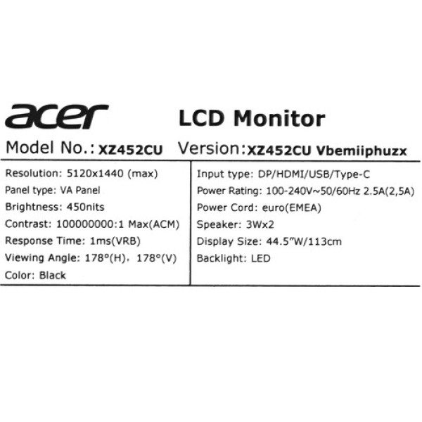 44.5" Монитор Acer Nitro XZ452CUVbemiiphuzx черный