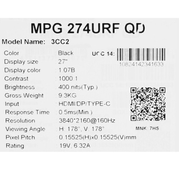 27" Монитор MSI MPG 274URF QD черный