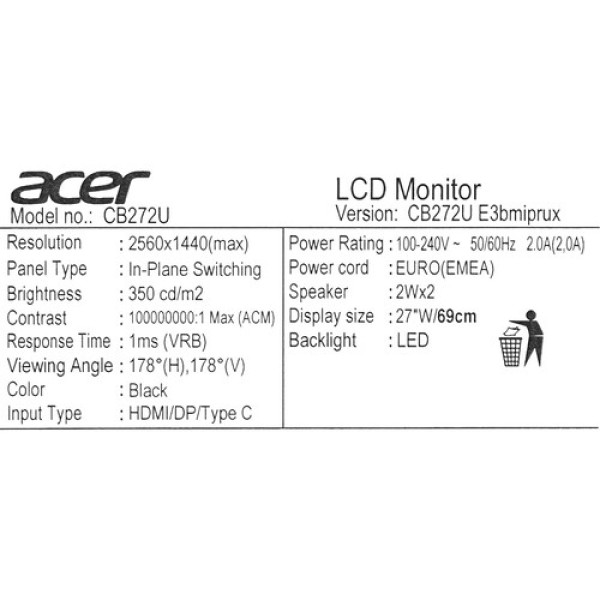 27" Монитор Acer Vero CB272UE3bmiprux черный