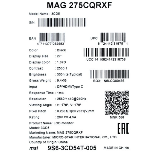 27" Монитор MSI MAG 275CQRXF черный
