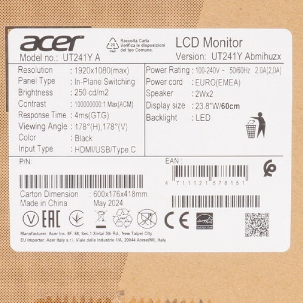 23.8" Монитор Acer UT241YAbmihuz черный