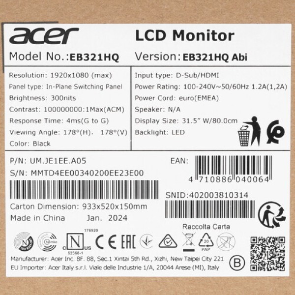 31.5" Монитор Acer EB321HQAbi черный