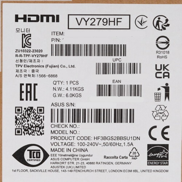 27" Монитор ASUS VY279HF черный