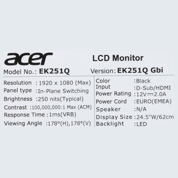 24.5" Монитор Acer EK251QGbi черный