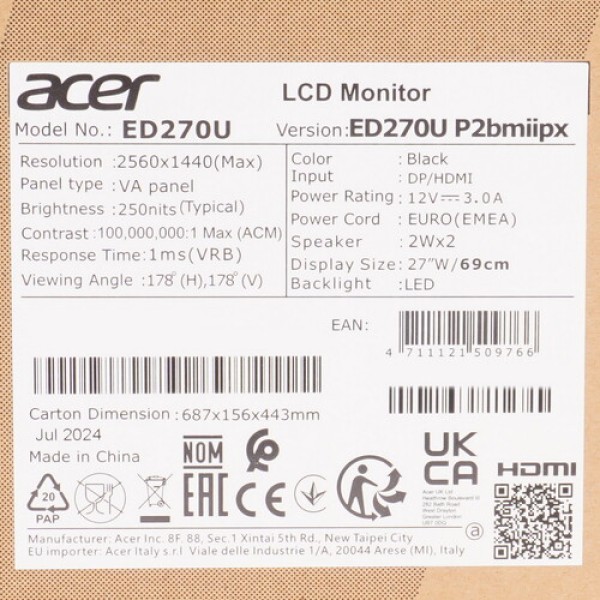 27" Монитор Acer Nitro ED270UP2bmiipx черный