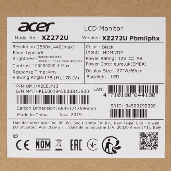 27" Монитор Acer Nitro XZ272UPbmiiphx черный