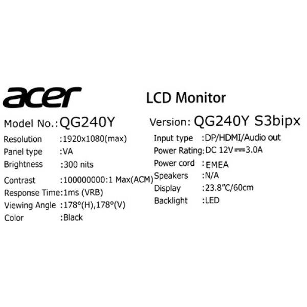 23.8" Монитор Acer Nitro QG240YS3bipx черный