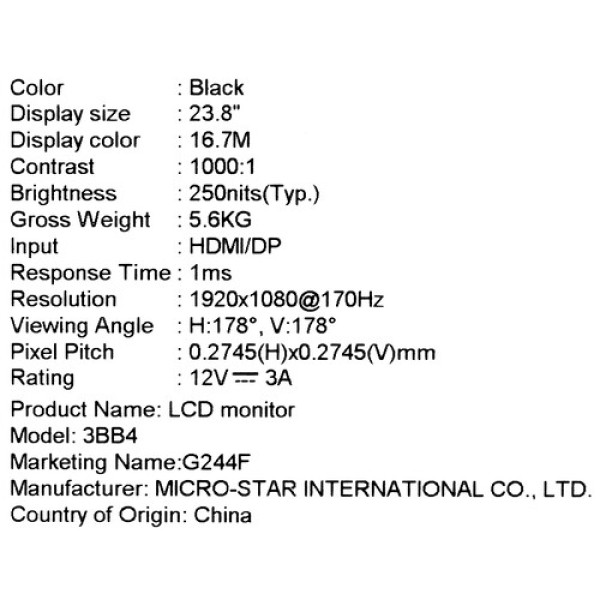 23.8" Монитор MSI G244F черный
