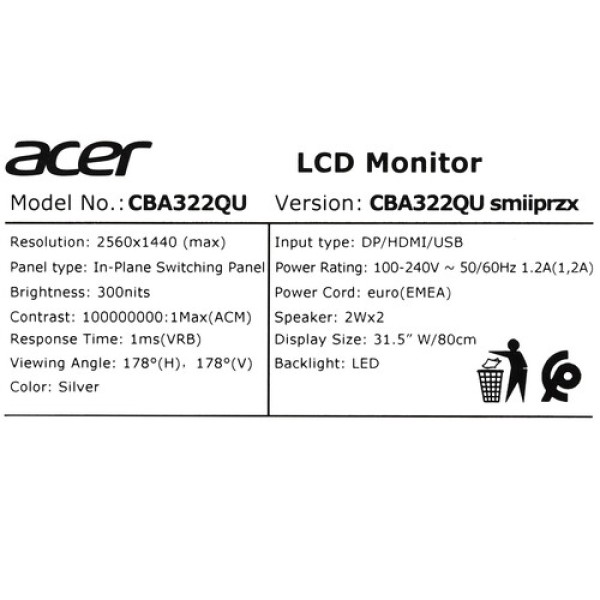 31.5" Монитор Acer CBA322QUsmiiprzx серый