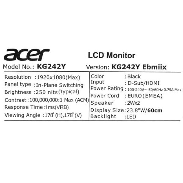 23.8" Монитор Acer Nitro KG242YEbmiix черный