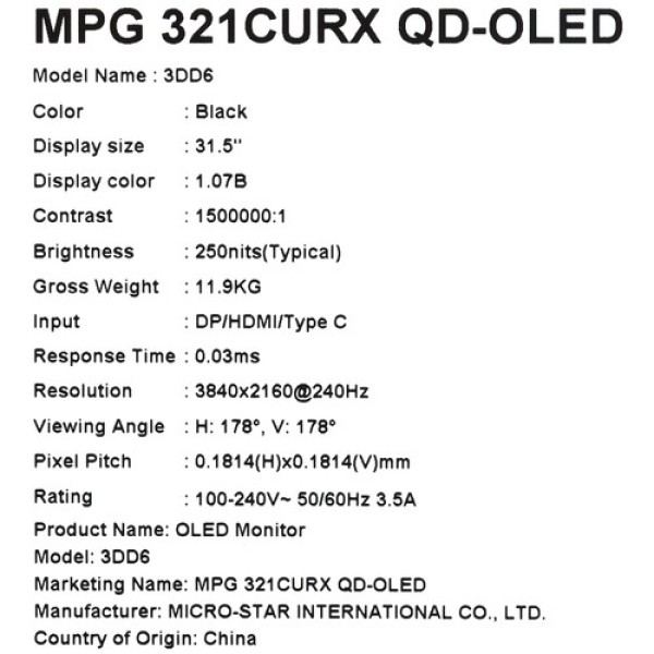 31.5" Монитор MSI MPG 321CURX QD-OLED черный
