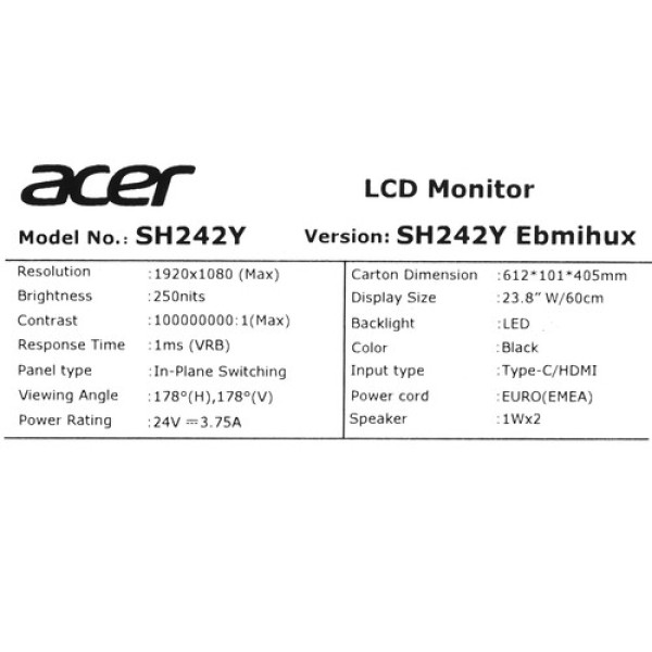 23.8" Монитор Acer SH242YEbmihux черный