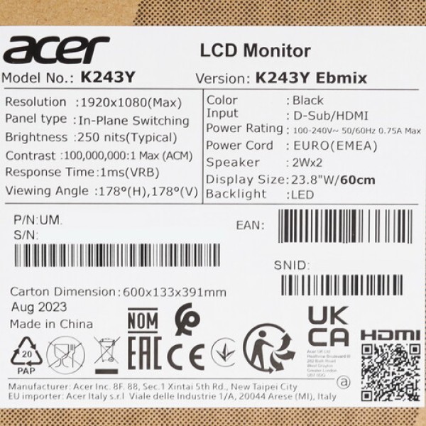 23.8" Монитор Acer K243YEbmix черный