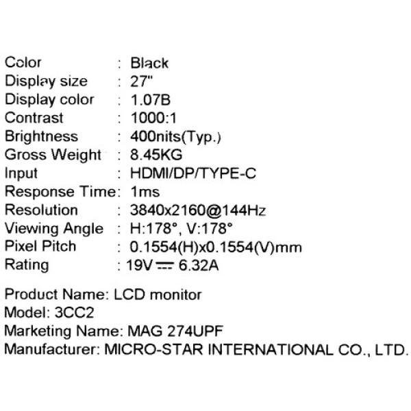 27" Монитор MSI MAG 274UPF черный