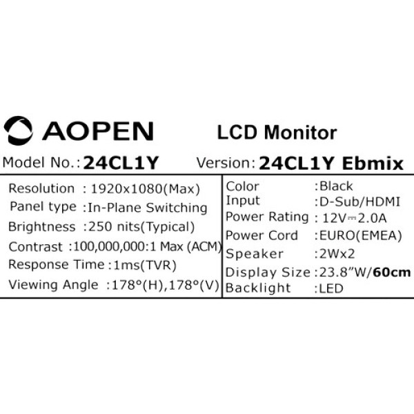 23.8" Монитор AOpen 24CL1YEbmix черный