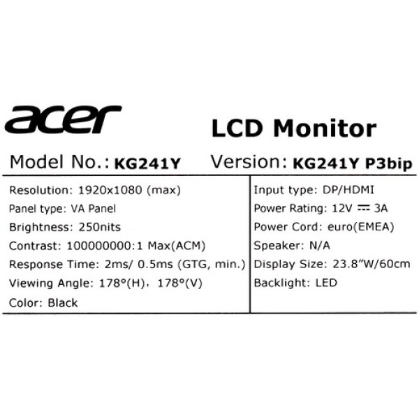 23.8" Монитор Acer KG241YP3bip черный