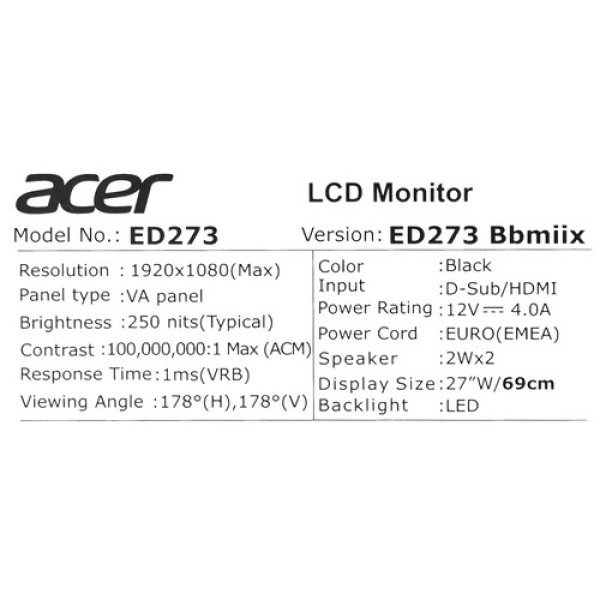 27" Монитор Acer Nitro ED273Bbmiix черный