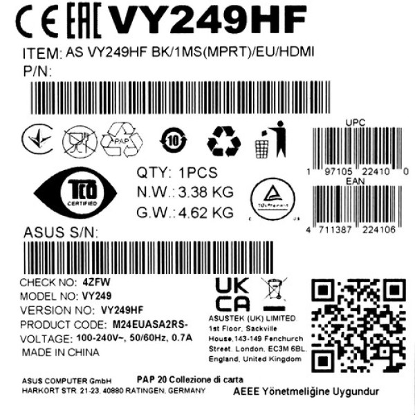 23.8" Монитор ASUS VY249HF черный