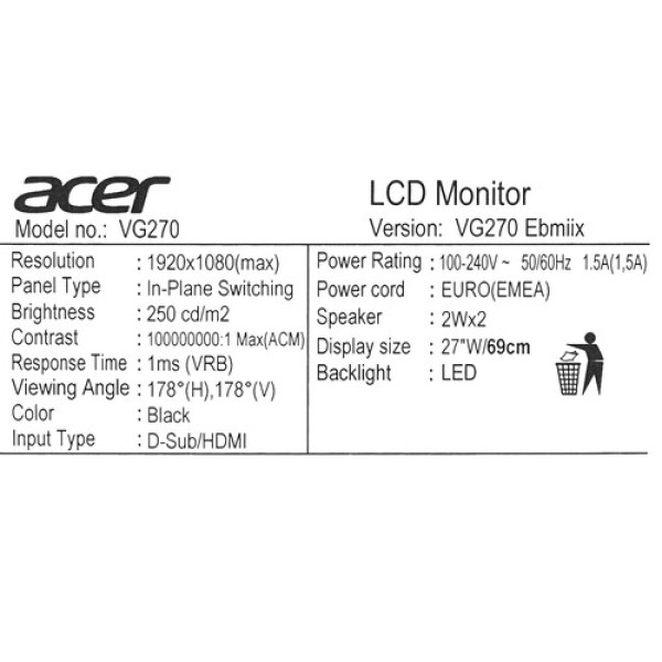 27" Монитор Acer Nitro VG270Ebmiix черный