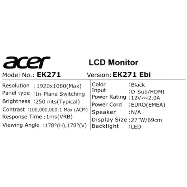 27" Монитор Acer EK271Ebi черный
