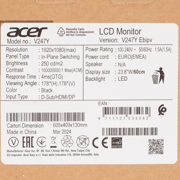 23.8" Монитор Acer Vero V247YEbipv черный