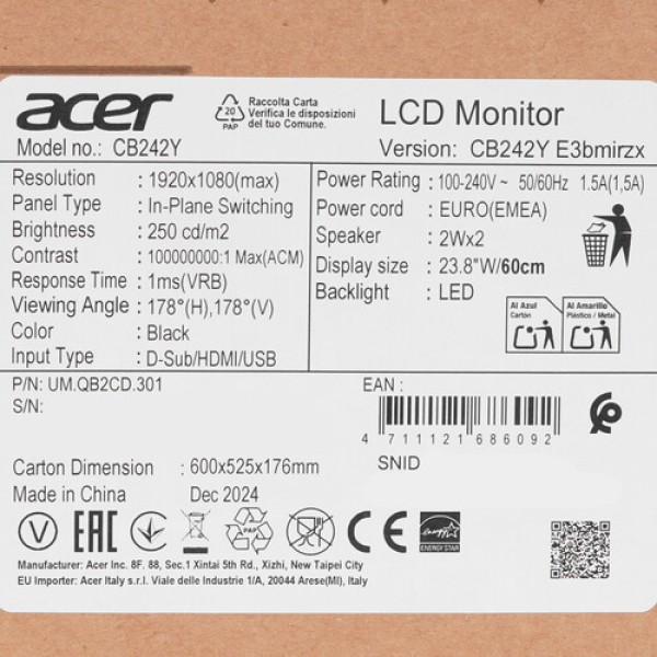 23.8" Монитор Acer CB242YE3bmirzx черный